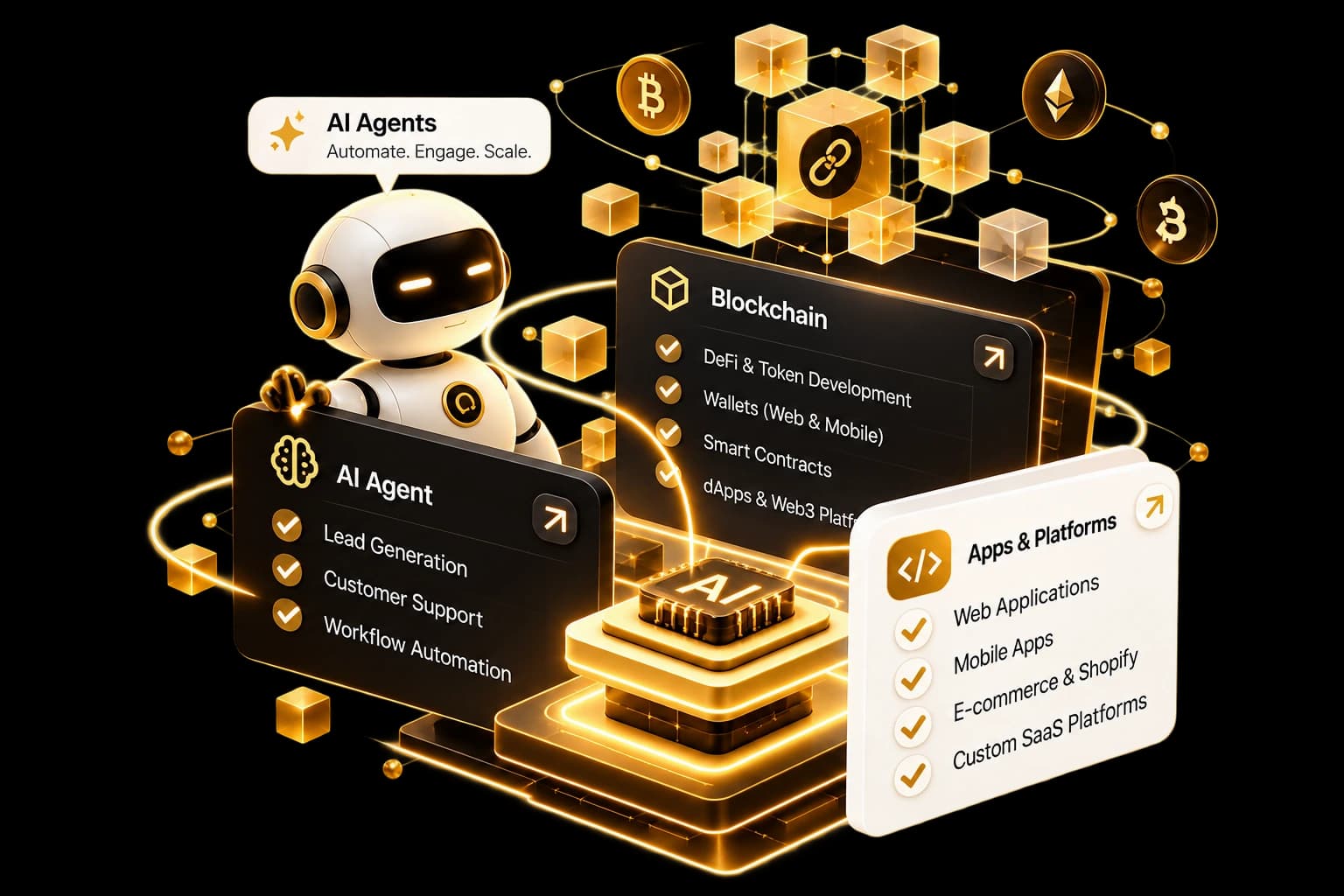 EXALT's services as an illustration: an AI agent robot beside three cards. AI agents for lead generation, customer support and workflow automation. Blockchain for DeFi and token development, wallets, smart contracts and dApps. Apps and platforms: web applications, mobile apps, e-commerce and Shopify, and custom SaaS platforms.